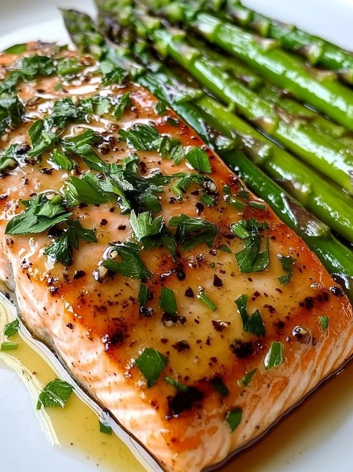 Plate of garlic butter salmon garnished with herbs