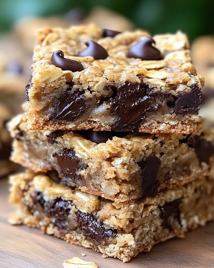 5-Ingredient Oatmeal Chocolate Chip Bars freshly baked and served on a plate