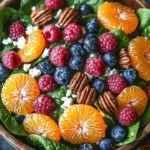 A vibrant fresh salad with spinach, fruits, nuts, and honey-balsamic dressing.