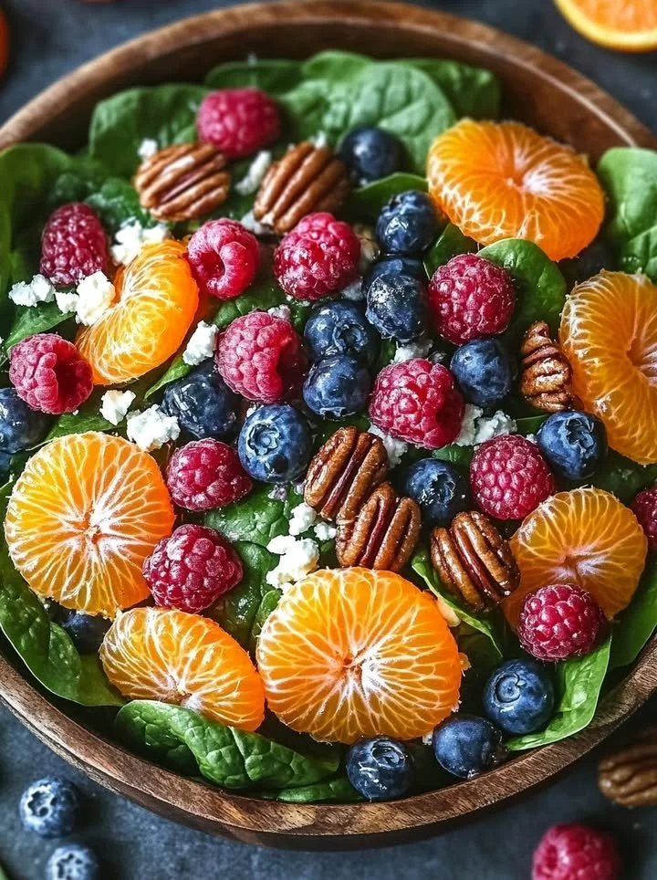 A vibrant fresh salad with spinach, fruits, nuts, and honey-balsamic dressing.