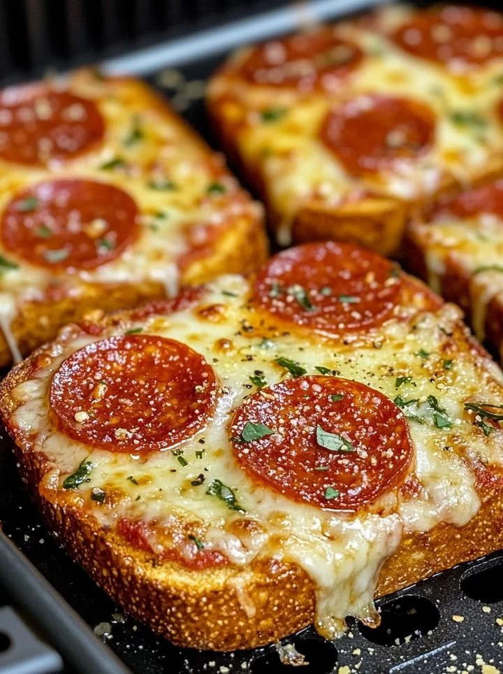 Delicious air fryer pizza toast topped with cheese and pepperoni on a plate.