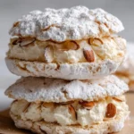 Delicious Almond Dacquoise sandwiches with creamy filling and almond layers.