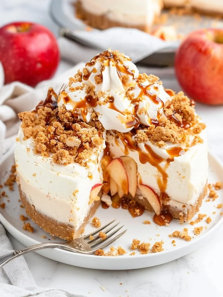 Delicious apple crumble cheesecake topped with a crispy crumble layer.