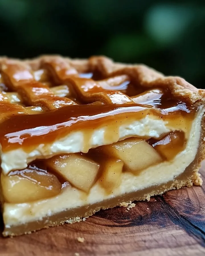 Delicious Apple Pie Cheesecake topped with caramel and apple slices