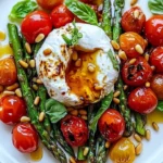 Asparagus tomato salad with burrata cheese and fresh herbs on a plate.