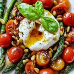 Fresh Asparagus Tomato Salad topped with creamy Burrata Cheese, garnished beautifully.