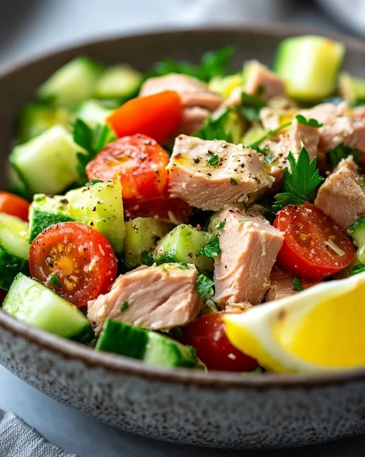 Bowl of avocado tuna salad with fresh ingredients and vibrant colors