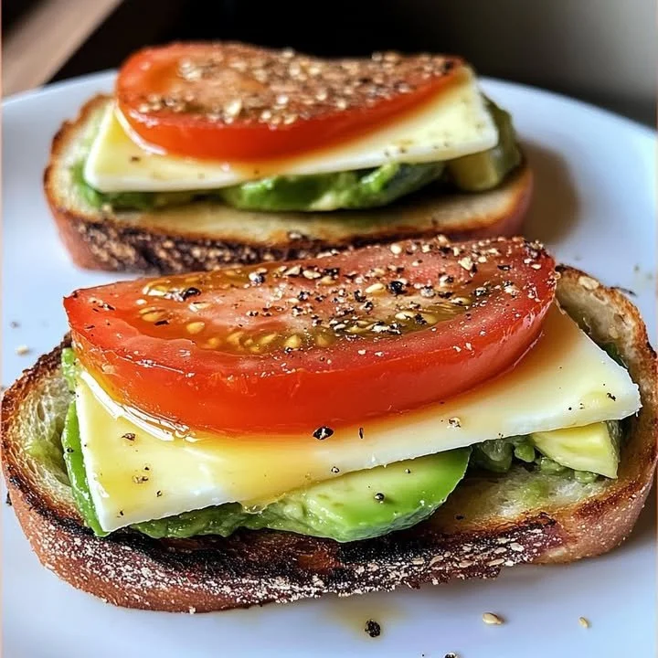 Avocado mozzarella and tomato grilled cheese sandwich on a wooden board