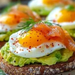 Avocado toast topped with a poached egg and smoked salmon on a rustic plate