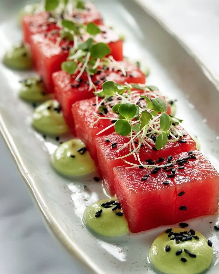 Avocado-Wasabi Cream served with Watermelon 'Tuna' on a plate