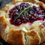 Baked brie in a bread bowl topped with cranberry sauce and fresh thyme