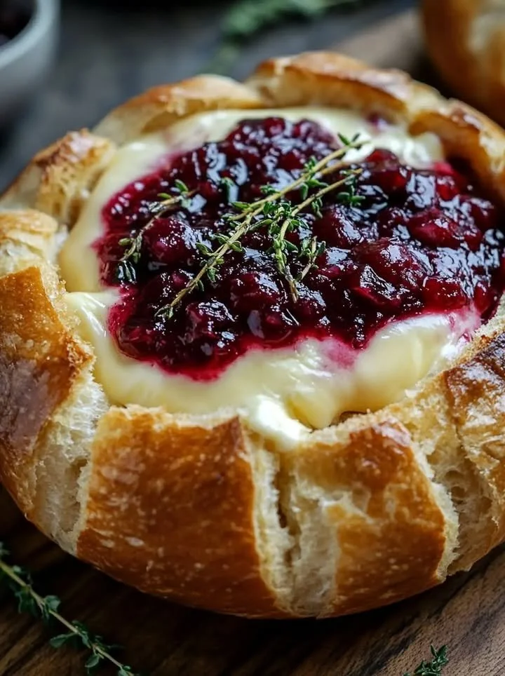 Baked brie in a bread bowl topped with cranberry sauce and fresh thyme