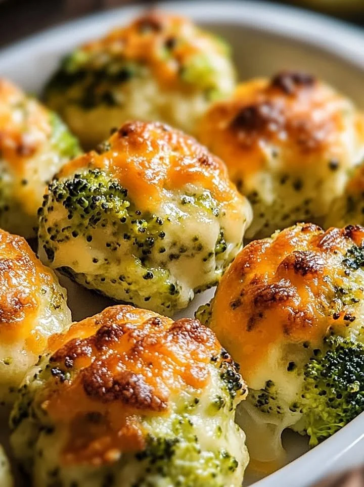 Baked broccoli cheese balls ready to serve on a platter.