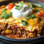 Delicious baked burrito casserole dish served warm and garnished.