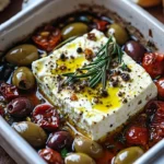 Baked feta with olives and sun-dried tomatoes served in a dish