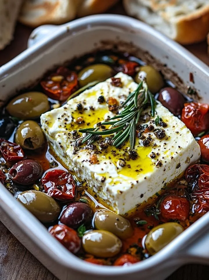 Baked feta with olives and sun-dried tomatoes served in a dish