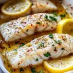 Baked lemon garlic cod fillets drizzled with butter sauce on a plate