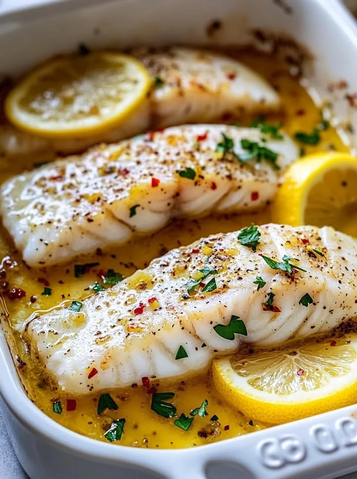 Baked lemon garlic cod fillets drizzled with butter sauce on a plate