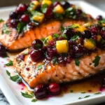 Baked salmon with cranberry salsa and pecans served on a plate