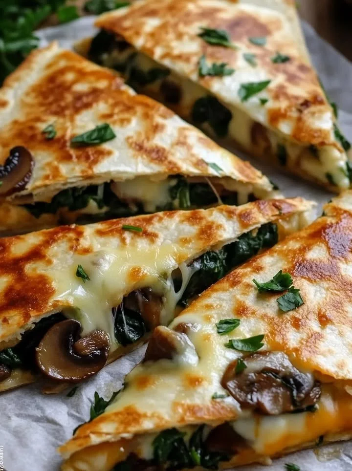 Baked spinach mushroom quesadillas served on a plate