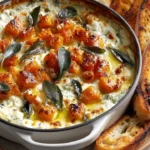 Baked whipped feta dip with goat cheese and sweet potato garnish