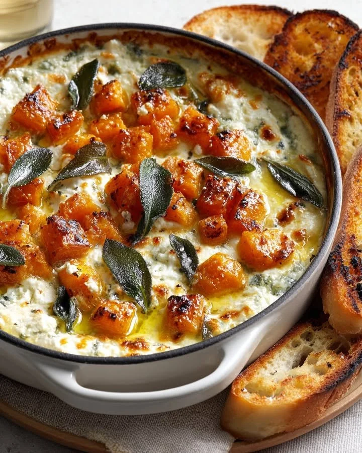 Baked whipped feta dip with goat cheese and sweet potato garnish