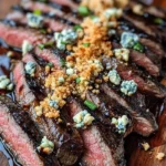 Balsamic marinated flank steak topped with blue cheese crust on a plate.