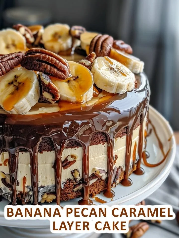 Delicious Banana Pecan Caramel Layer Cake with rich caramel and nuts