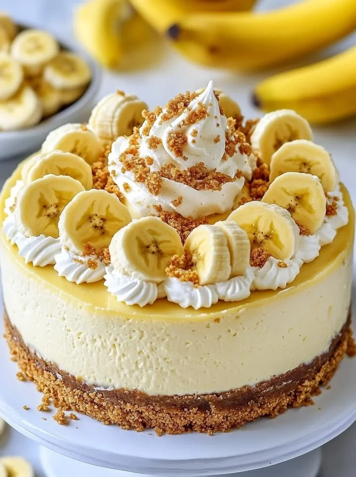 Delicious banana pudding cheesecake topped with whipped cream and banana slices.