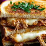 BBQ chicken grilled cheese sandwich with melted cheese and barbecue sauce