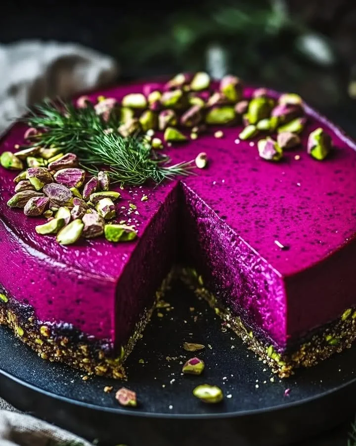 Beetroot feta cheesecake topped with dill and pistachio dust on a plate