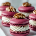 Beetroot macarons filled with savory whipped cheese on a decorative plate
