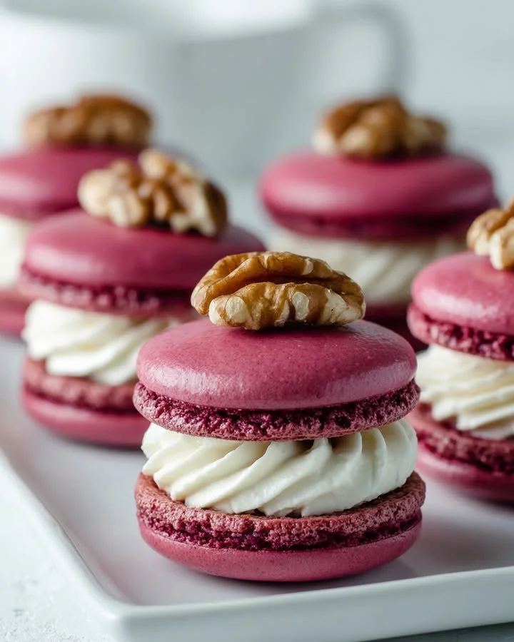 Beetroot macarons filled with savory whipped cheese on a decorative plate