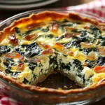 Delicious crustless spinach, onion, and feta quiche served in a dish
