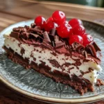 Delicious Black Forest Cheesecake with chocolate layers and cherries