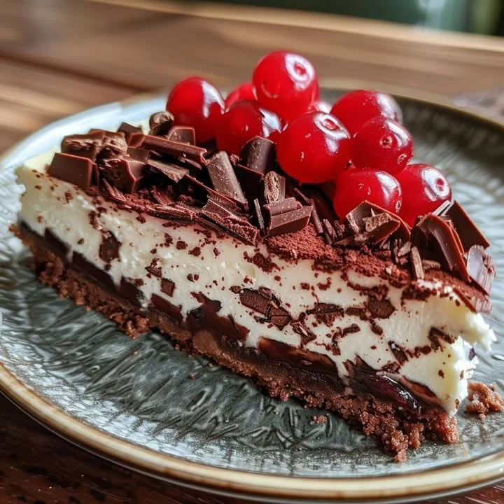 Delicious Black Forest Cheesecake with chocolate layers and cherries