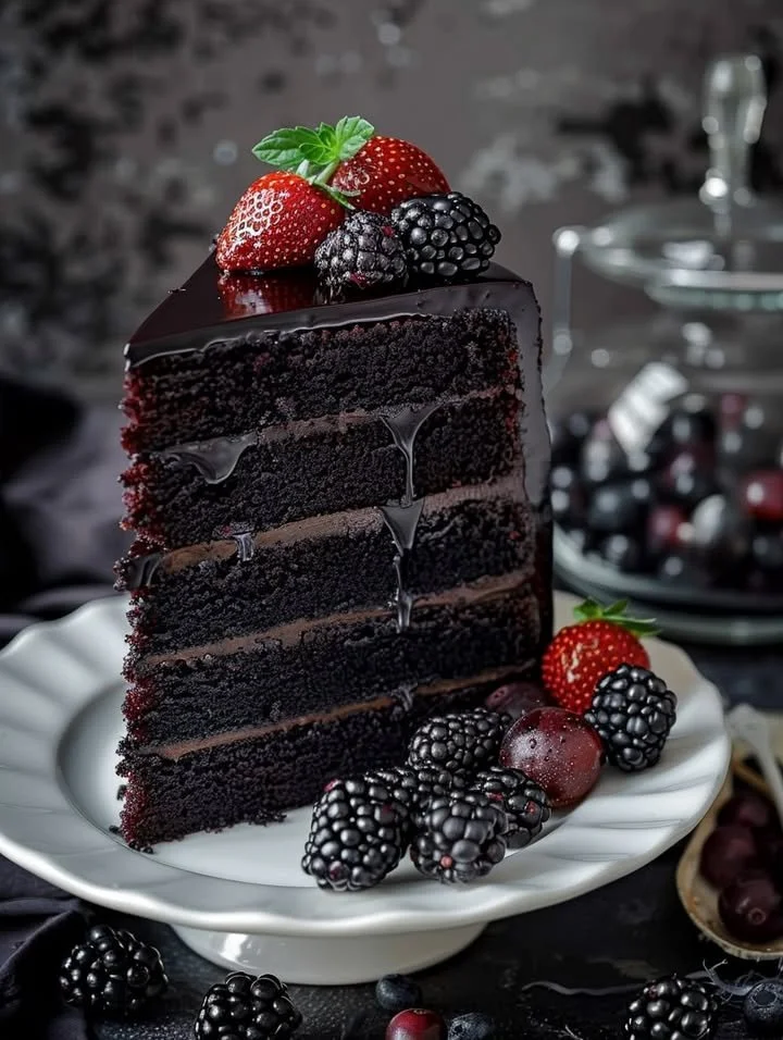 Delicious slice of Black Velvet Cake with cream cheese frosting