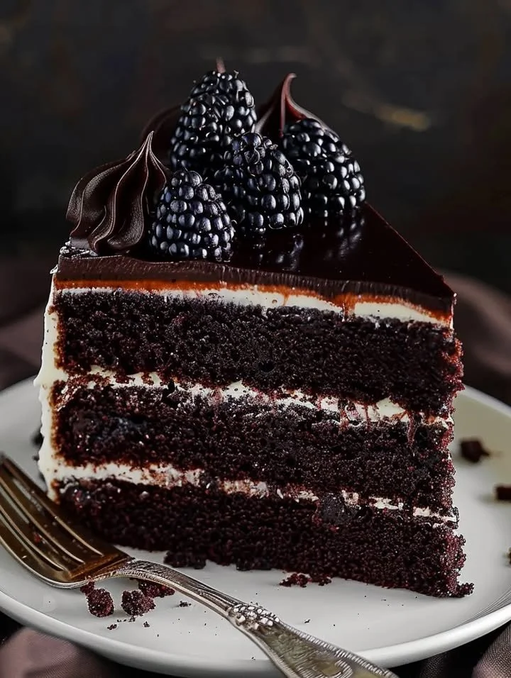 Delicious slice of Black Velvet Cake with rich frosting