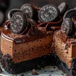 Delicious Black Velvet Dark Chocolate Oreo Cheesecake slice