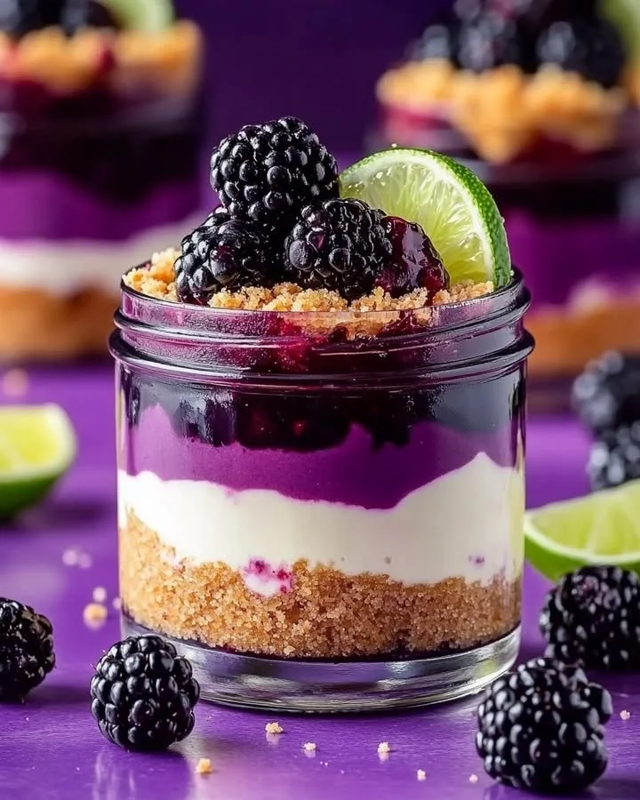 Blackberry Lime Cheesecake Jars with fresh blackberries and lime garnish