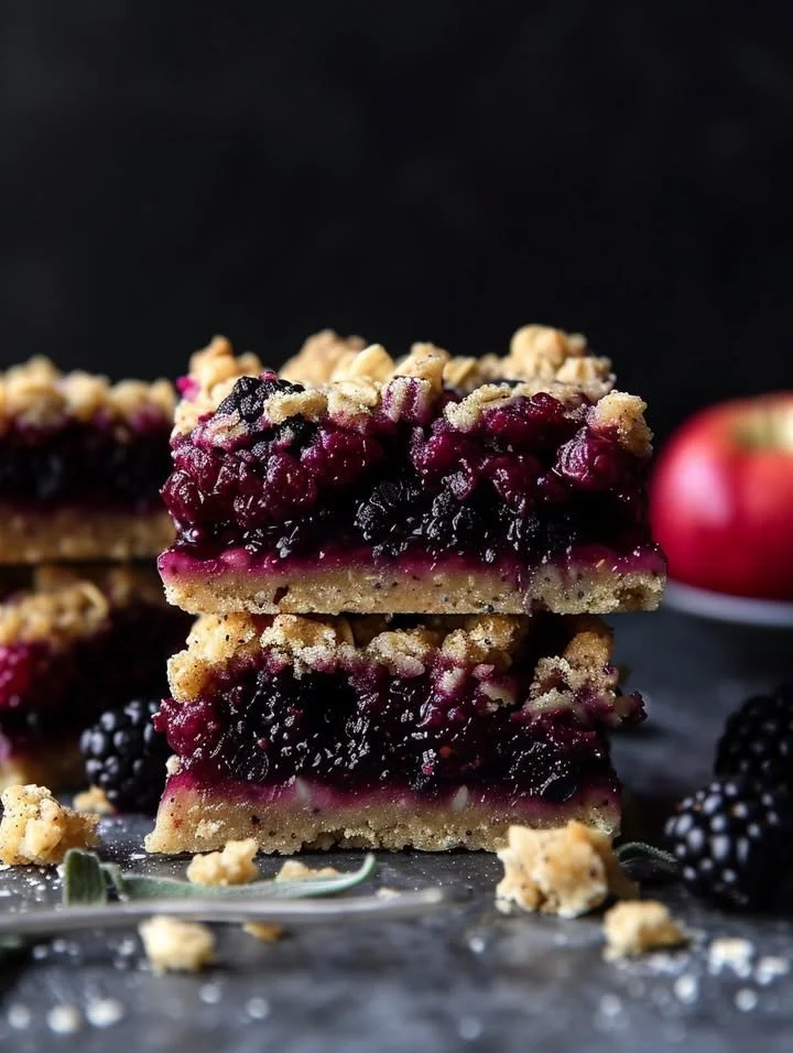 Delicious Blackberry, Sage, and Apple Oat Crumble Bars on a rustic table