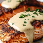 Plate of blackened salmon with creamy Dijon sauce garnished with herbs