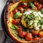 Baked Savory Dutch Baby topped with blistered tomatoes and burrata cheese