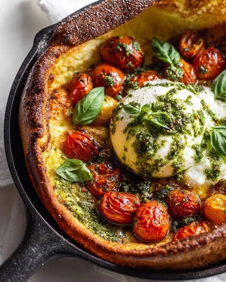 Baked Savory Dutch Baby topped with blistered tomatoes and burrata cheese