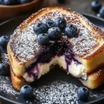 Blueberry cheesecake stuffed French toast topped with fresh blueberries and syrup