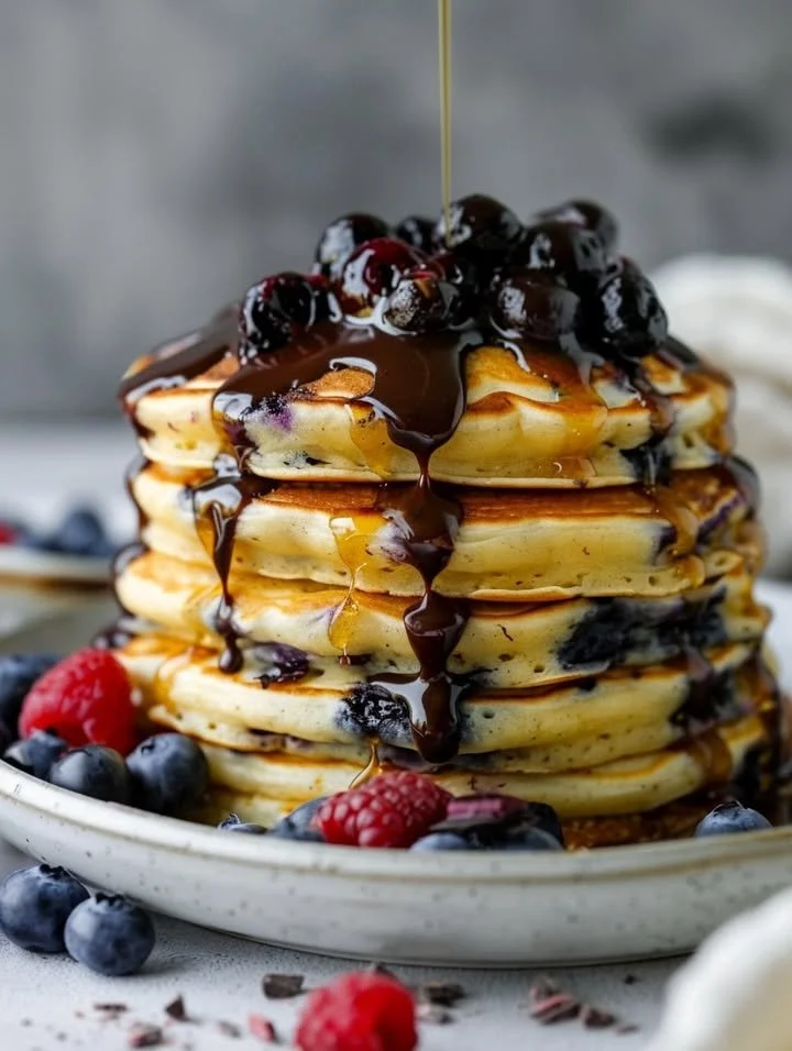 Blueberry pancakes topped with chocolate ganache and berry sauce on a plate.