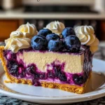 Delicious blueberry swirl cheesecake topped with fresh blueberries and swirls of jam.