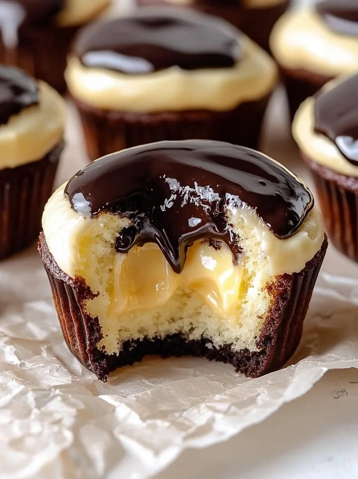 Delicious Boston Cream Cupcakes with chocolate glaze and creamy filling