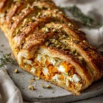 Braided sweet potato puff pastry topped with crunchy pistachios