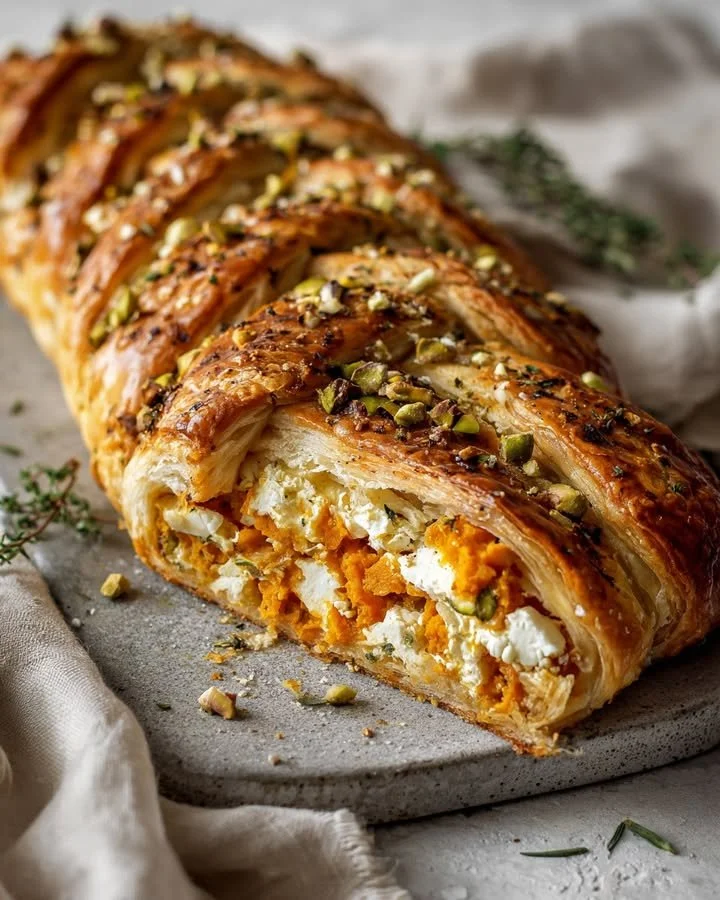 Braided sweet potato puff pastry topped with crunchy pistachios